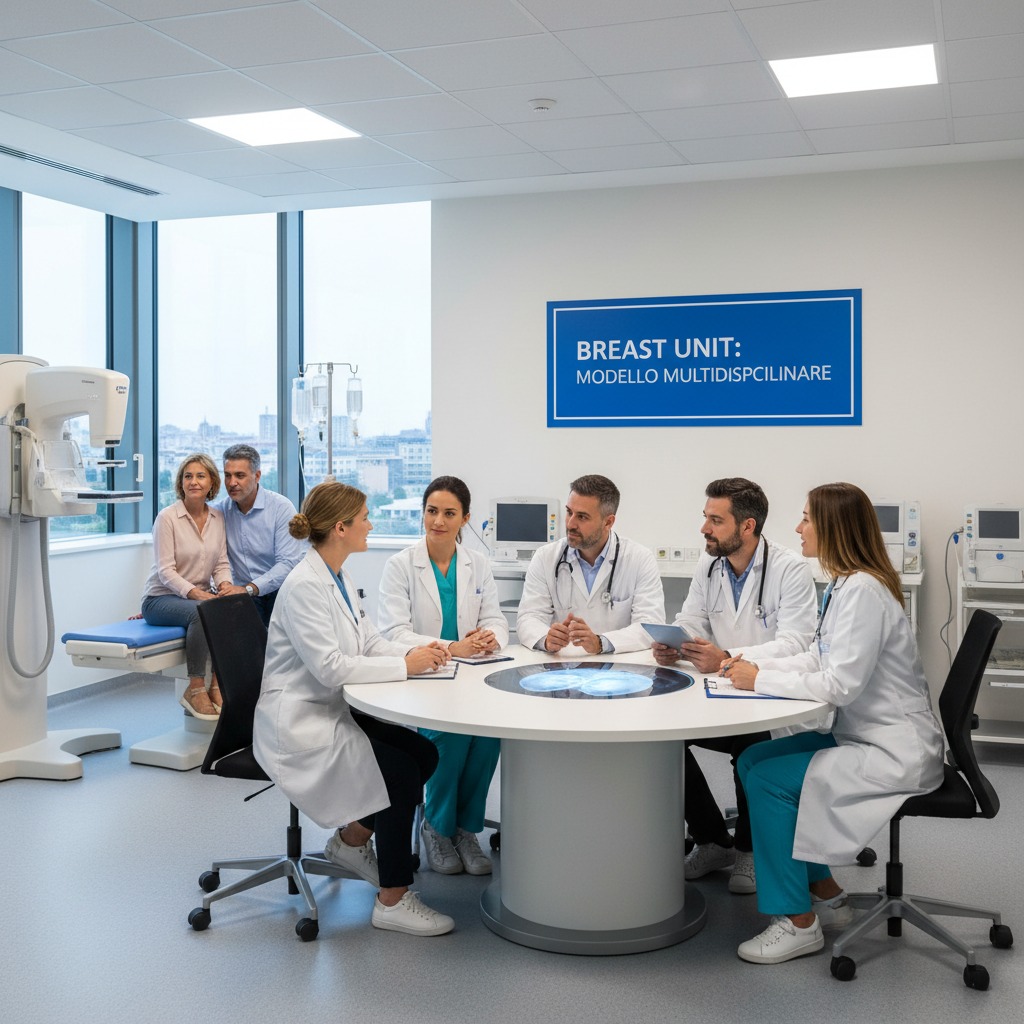 Un gruppo di medici in camice bianco è seduto intorno a un tavolo rotondo in una sala riunioni moderna con una coppia seduta sullo sfondo.