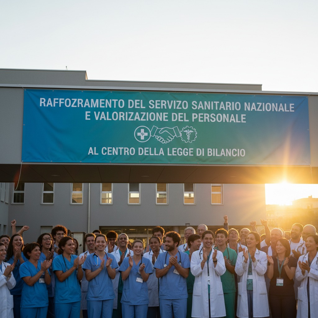 Un gruppo di operatori sanitari in divisa applaude davanti a un edificio con uno striscione che promuove il rafforzamento del Servizio Sanitario Nazionale.