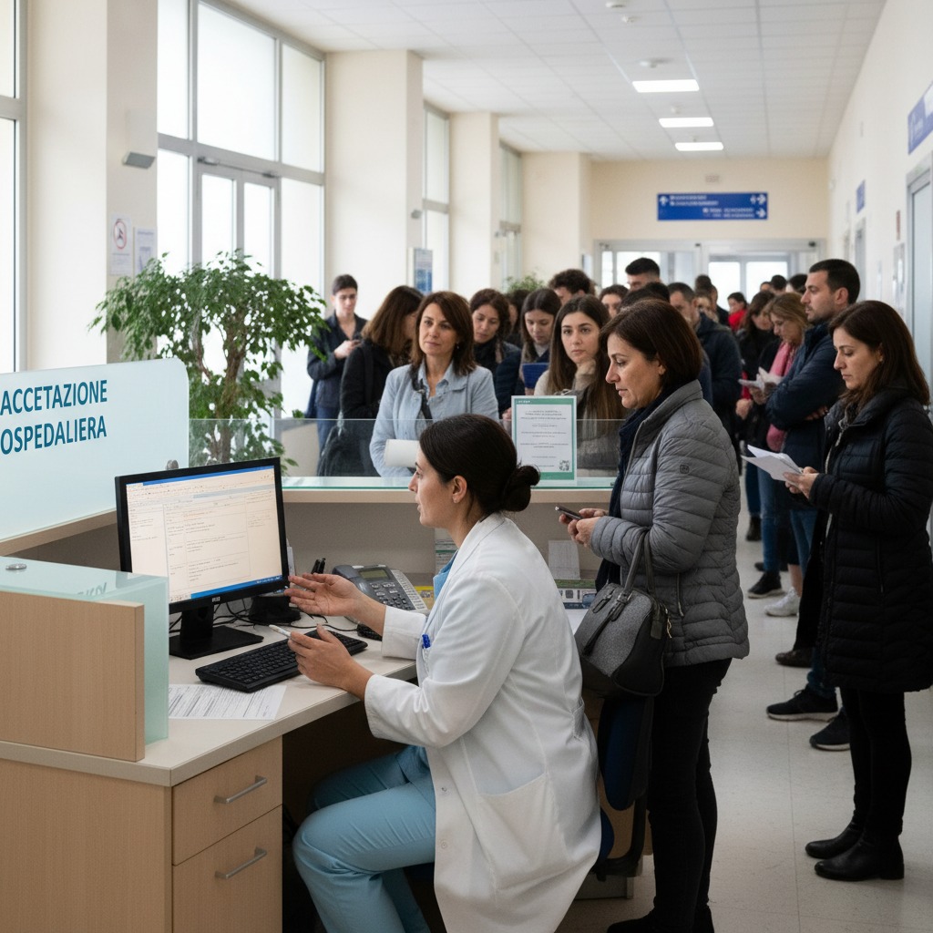 Un'impiegata in camice bianco lavora al computer nel banco accettazione di un ospedale, di fronte a una lunga fila di pazienti in attesa.