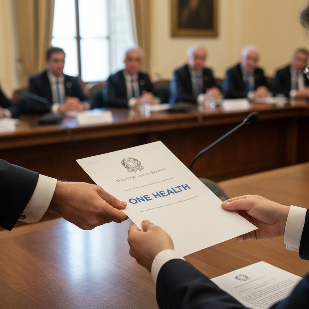 Due persone in giacca e cravatta si scambiano un documento con la scritta "One Health" e il logo del Ministero della Salute, mentre sullo sfondo altre persone siedono attorno a una lunga tavola di legno in una sala riunioni.